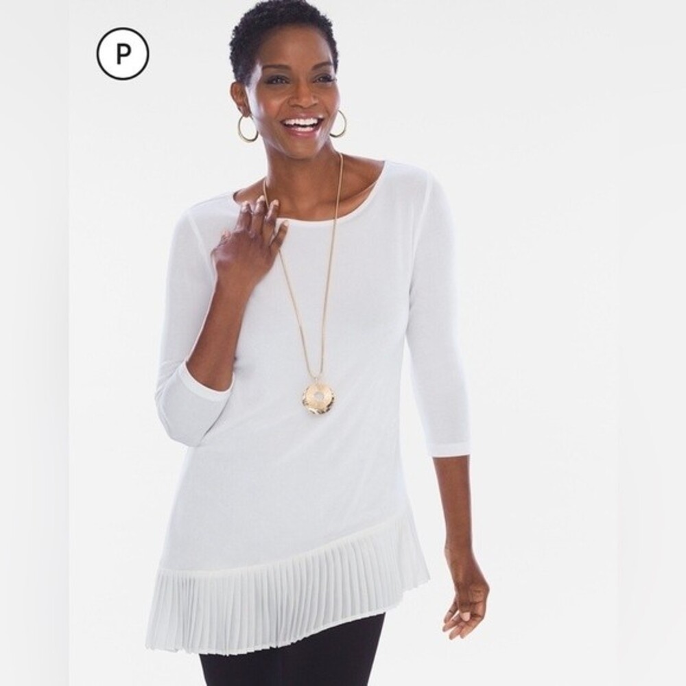 Chico’s Travelers Classic Cream Off White Pleated Asymmetrical Tunic Sz 8/10